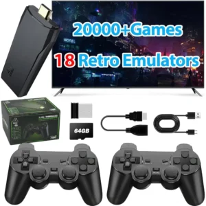 Wireless Retro Game Console Stick, 20,000+ Classics, 4K HDMI, Plug & Play, 18 Emulators, Dual 2.4G Wireless Controllers (64GB).